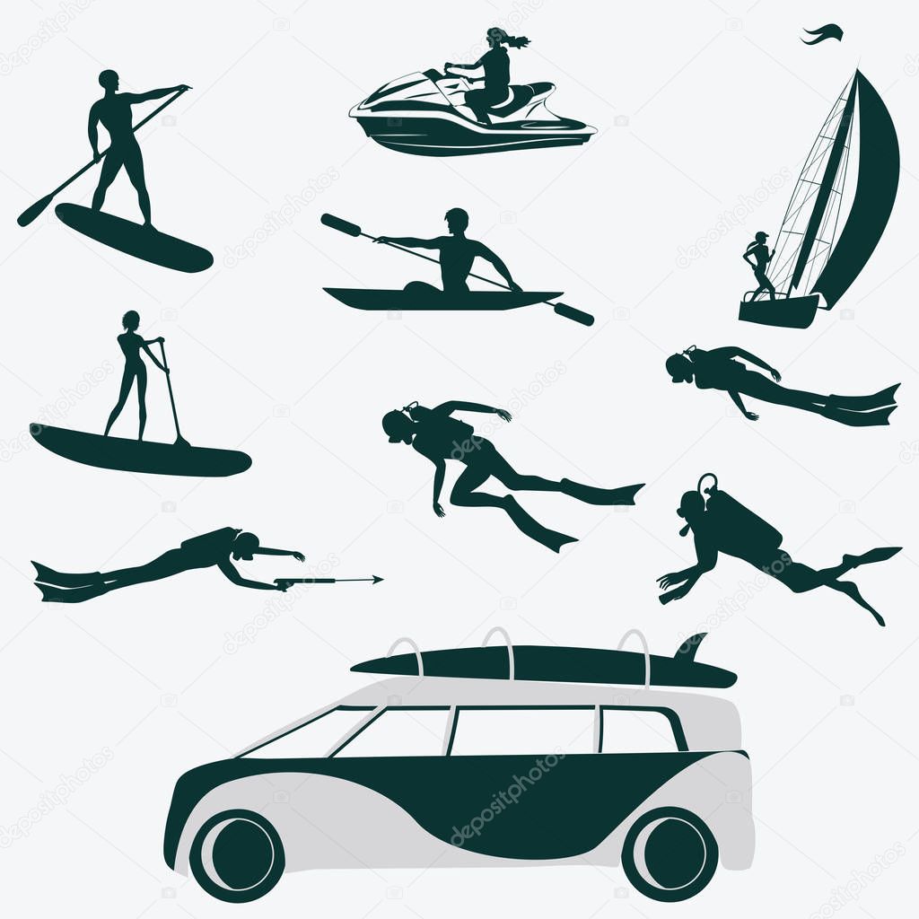 Silhouettes diver, surfer, water bike, sailboat, kayak. Car for transporting tourists - vector. Life style. Water sports.