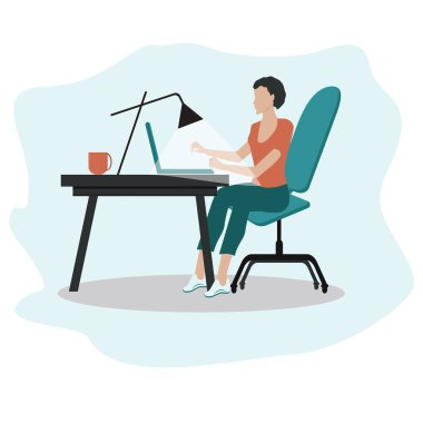 Bir kadın masaya oturur ve dizüstü bilgisayarı yazar, bir fincan kahve beyaz arka planda izole edilir - vektör. Serbest çalışıyorum. Eğitim.