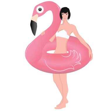 Beyaz arka planda izole edilmiş, şişme cankurtaran şamandıralı pembe Flamingo giyen kız. Yaz zamanı..