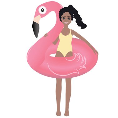 Afrikalı kız küçük, şişme bir can simidi içinde çok güzel. Beyaz arka planda izole edilmiş pembe bir flamingo. Yaz zamanı..