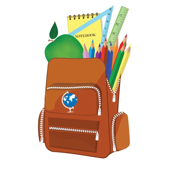 Sac à dos scolaire rouge - pomme verte, bloc-notes, globe, triangle, crayons - style plat - isolé sur fond blanc - vecteur. Retour à l'école . — Image vectorielle