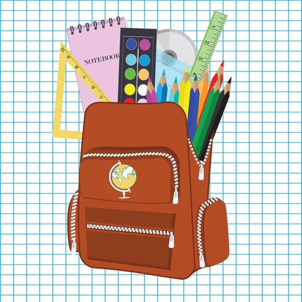 Sac à dos scolaire rouge - bloc-notes, globe, peinture, disque, triangle, crayons - style plat, isolé sur fond blanc dans une cage - vecteur. Retour à l'école . — Image vectorielle