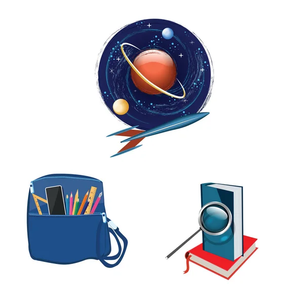 Icône ronde - Espace, fusée, planète. Sac à dos avec fournitures scolaires, livres, loupe - isolé sur fond blanc - vecteur. Retour à l'école — Image vectorielle