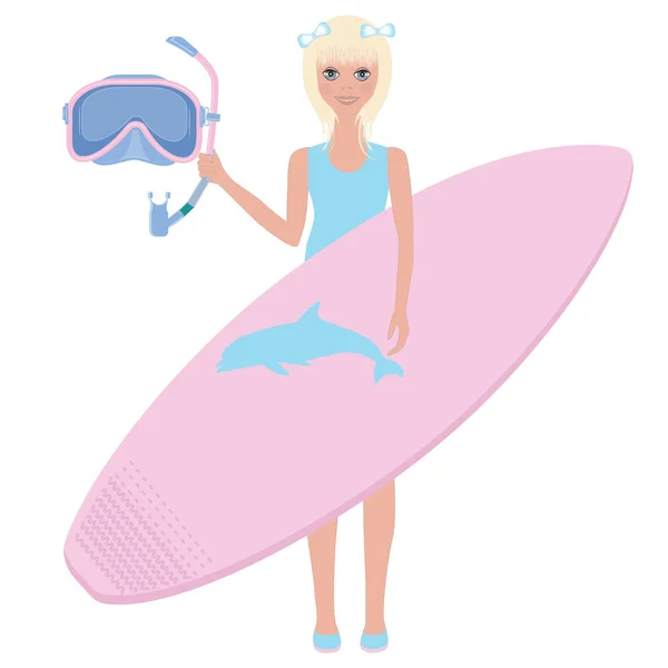 Surf y Daving. Adolescente, rubia, hermosa chica - máscara de buceo y tabla de surf - vector. Hora de verano. Deportes acuáticos. Vacaciones . — Archivo Imágenes Vectoriales