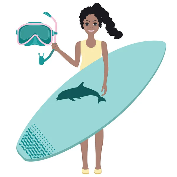 サーフィンとダイビング。ティーンエイジャー、アフリカの女の子の美しい-ダイビングマスクとサーフボード-ベクトル。夏時間だウォータースポーツ休暇. — ストックベクタ