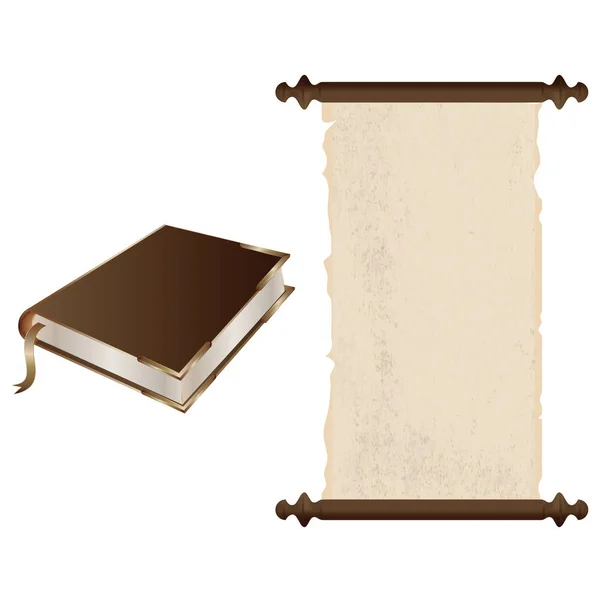 O livro é sólido, com cantos de metal dourado e um rolo de Papiro, velho, com manchas em estilo grunge, com bordas rasgadas - isolado em fundo branco - vetor . — Vetor de Stock