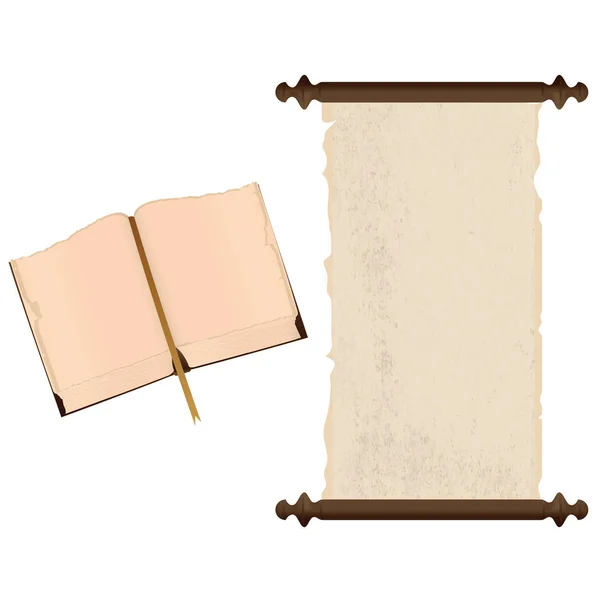 Un livre ancien avec des pages ouvertes et un rouleau de papyrus, vieux, avec des taches de style grunge, avec des bords déchirés - isolés sur fond blanc - vecteur . — Image vectorielle