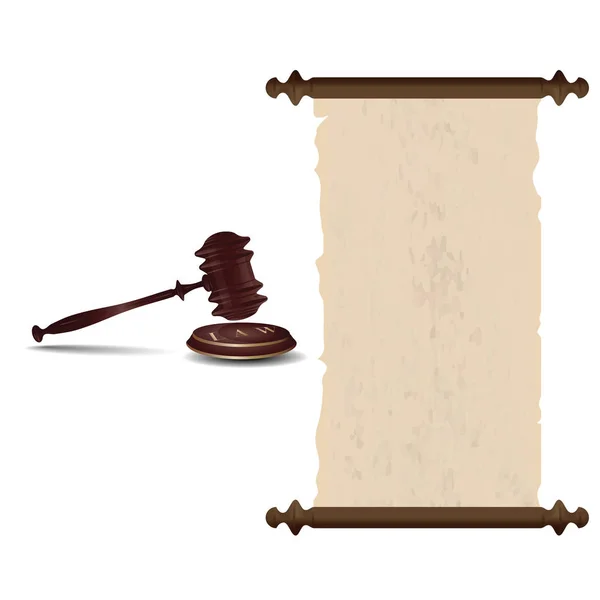 Il giudice Hammer alla sbarra con la parola Legge. Rotolo di papiro - isolato su sfondo bianco - vettore . — Vettoriale Stock