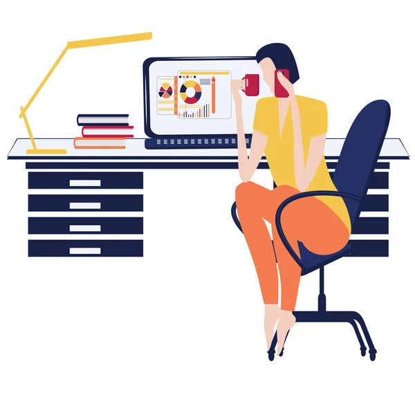 Woman in a chair with a cup of coffee and talking on the cell phone - desk with a laptop - vector. Freelance. Home workplace. — Stock Vector