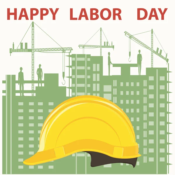 ハッピー労働者の日-黄色のヘルメット、建物、クレーン-フラットスタイル-ベクトル. — ストックベクタ