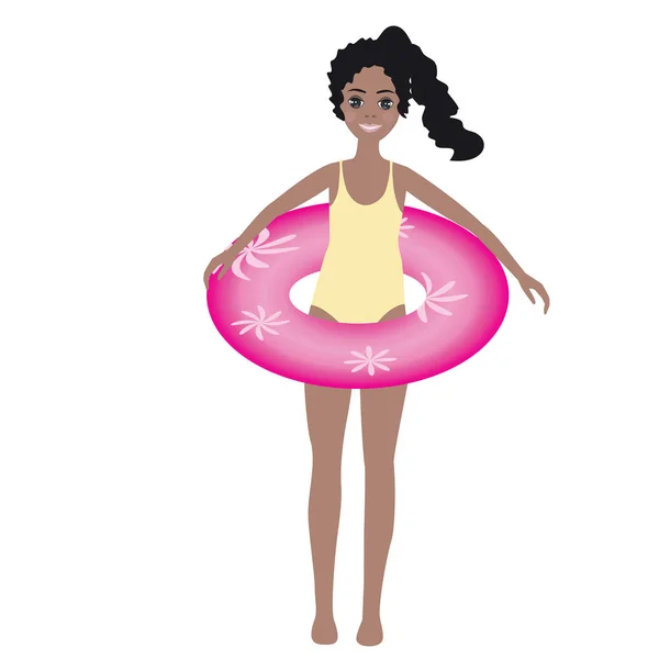 Chica africana es pequeña, muy bonita en una boya inflable - aislado sobre fondo blanco - vector. Hora de verano . — Vector de stock