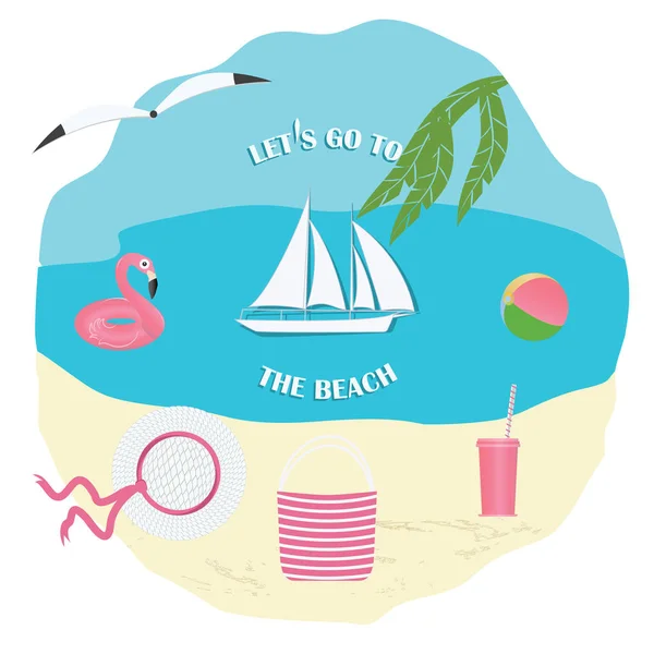 Dingen voor het strand - hoed, tas, afhaalglas, opblaasbare zwemcirkel Flamingo, bal, - water, wal, meeuw - vector. Zomertijd. Reisposter. Banner. — Stockvector