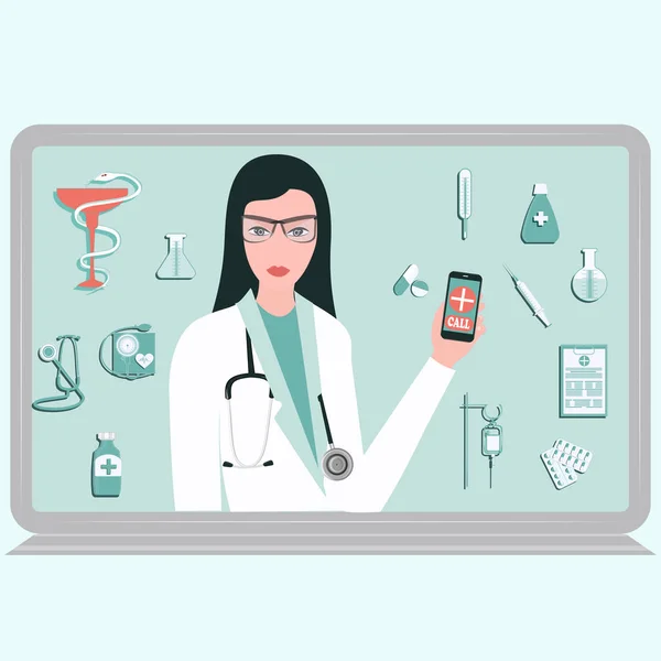 在线医疗咨询和教育。 监视器屏幕上的是一名医生，她手里拿着手机- -药品和符号- -扁平的风格- -病媒. — 图库矢量图片
