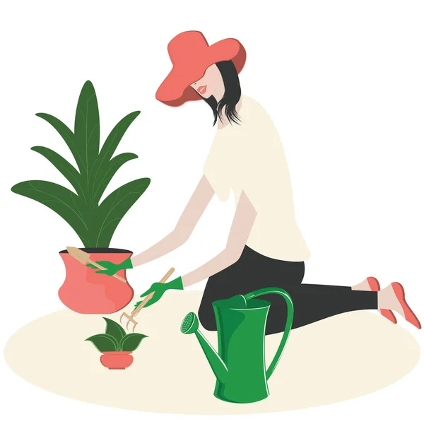 Девушка с садовыми инструментами стоит на коленях возле горшков с растениями - изолированные на белом фоне, плоский стиль - вектор. Экологическая концепция. Уход за садом Уход на дому — стоковый вектор