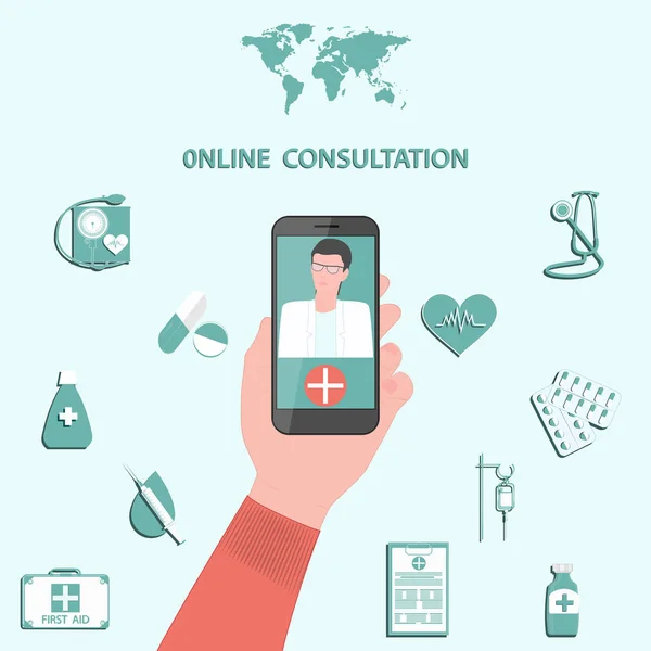 Medicina consulta internacional en línea - mano femenina, smartphone - mapa del mundo, icono del médico, medicamentos y dispositivos - estilo plano - vector — Vector de stock