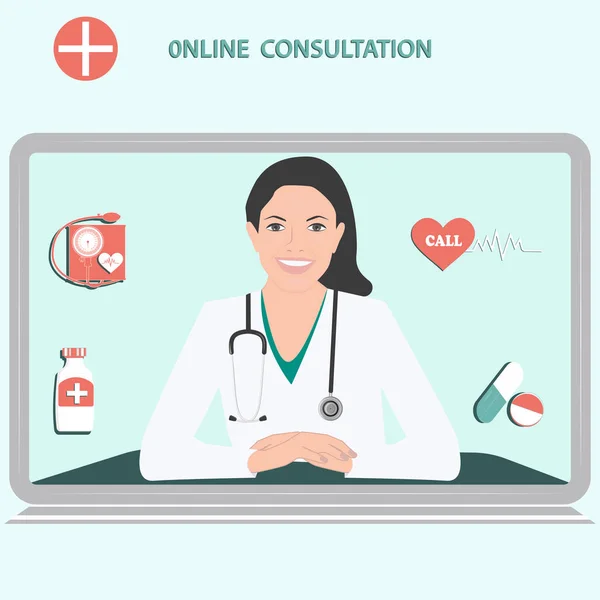 药物在线咨询。 屏幕上的计算机医生，微笑的女人，体能计和药物-光背景-矢量. — 图库矢量图片