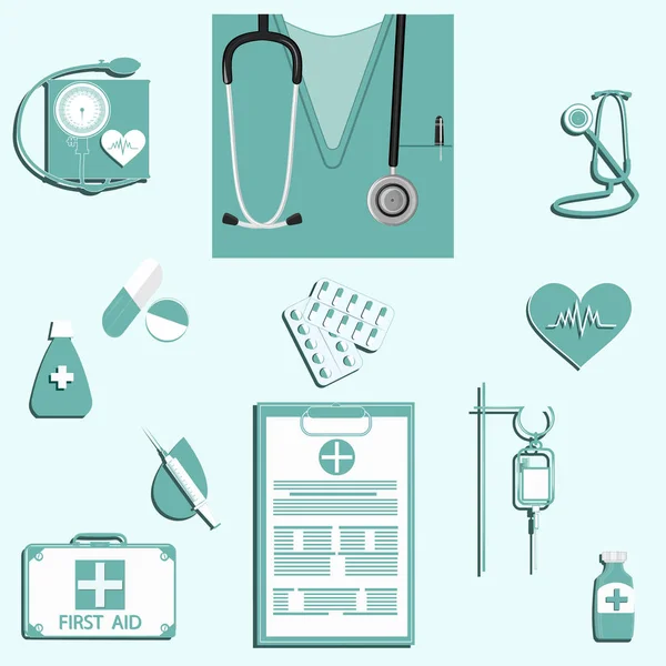 Ensemble d'icônes médicales - instruments et médicaments, vêtements spéciaux, stéthoscope, tonomètre, compte-gouttes - isolé sur fond clair - vecteur — Image vectorielle