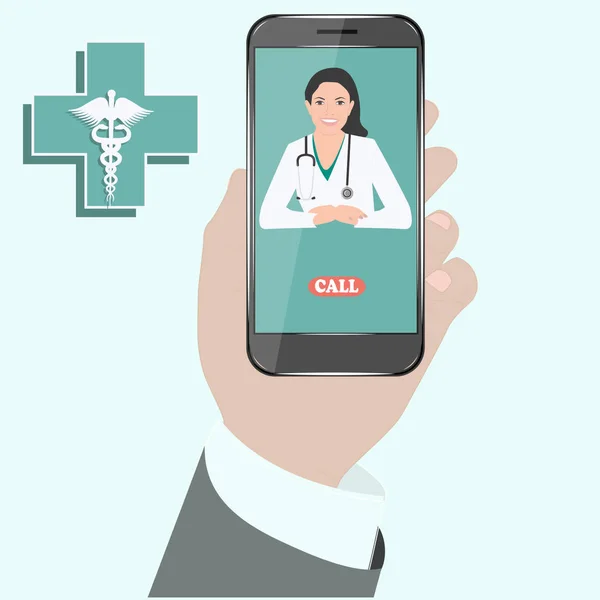 Medicina consulta en línea. Smartphone en mano masculina - icono del médico, mujer sonriendo - aislado sobre fondo blanco - vector . — Vector de stock