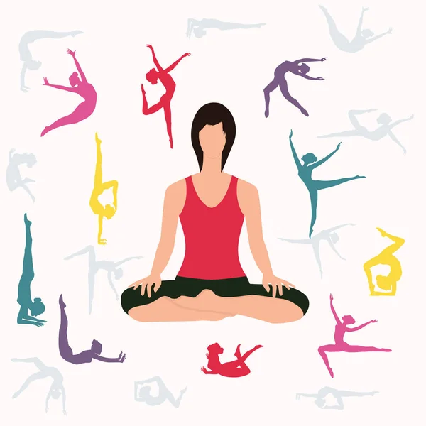 Yoga. A woman sits in an asana pose surrounded by silhouettes of girls doing yoga - isolated on white background - vector.Baner, brochure, poster design. — Stock Vector