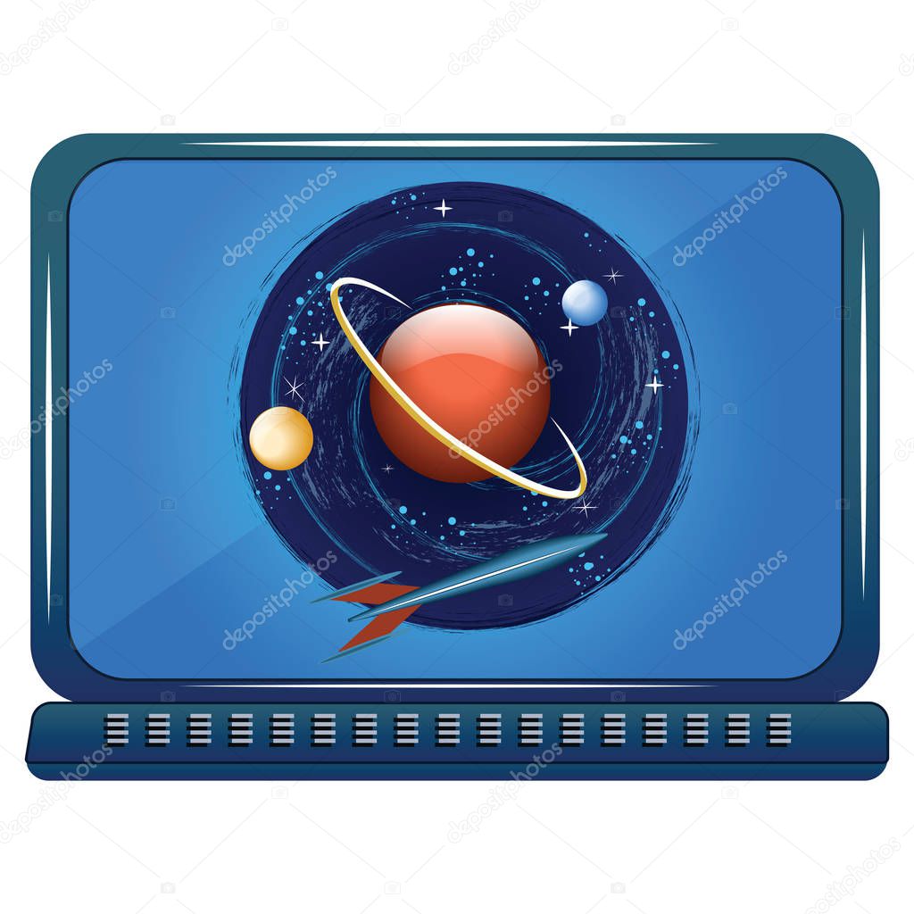 Laptop - on-screen Icon round - Space, rocket, planet, satellites - isolated on white background - vector.