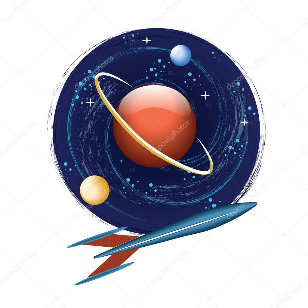 Icon round - space, rocket, planet, satellites - isolated on white background - vector.