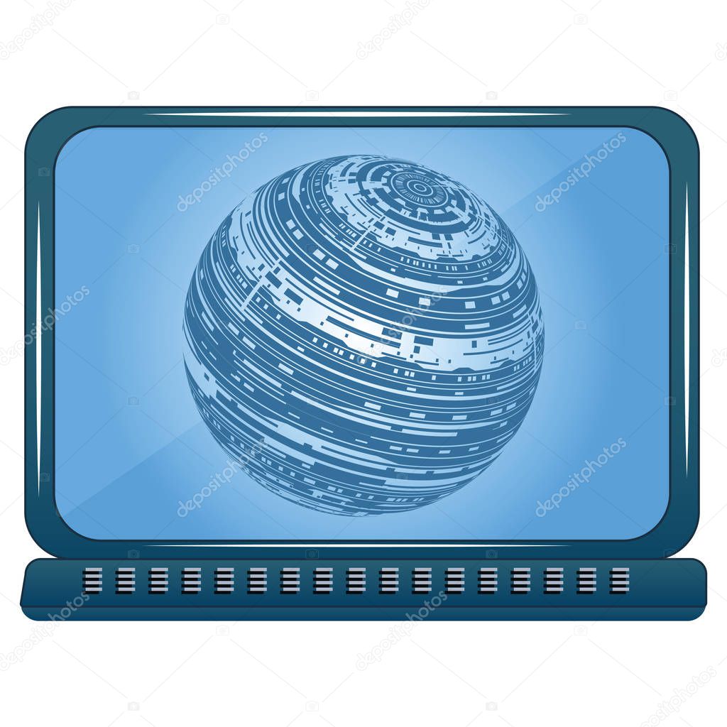 Laptop - on-screen Icon round - globe with technical symbols - isolated on white background - vector. Science technology