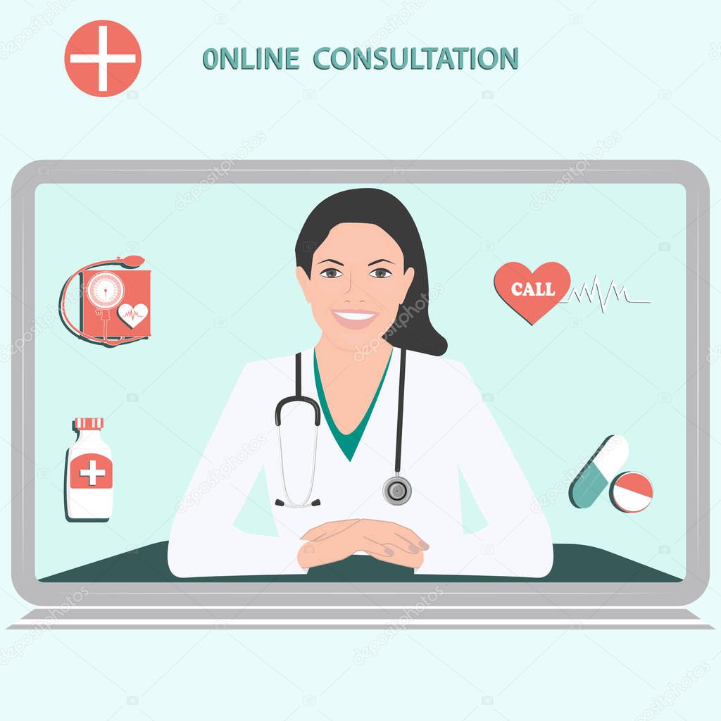 Medicine online consultation. Computer - on-screen doctor, smiling woman, tonometer and medicine - light background - vector.