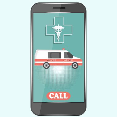 Ambulans arabası - Caduceus amblemi - düz stil, arka planda izole edilmiş - vektör. İlk Yardım konsepti.