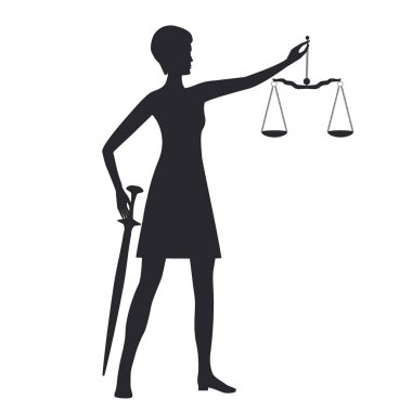 Modern Themis, yargıç, avukat, avukat - kılıcın ve adalet terazisinin ellerinde - beyaz arka planda izole edilmiş - vektör.