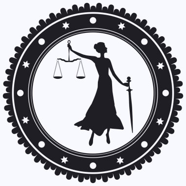 Themis - adalet ve kılıç terazili kadın - siyah ve beyaz yuvarlak ikon - beyaz arkaplanda izole edilmiş - vektör.