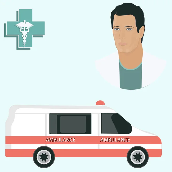 Ambulancia, Doctor, hombre, emblema de caduceo - estilo plano, aislado sobre fondo claro - vector. Concepto de primeros auxilios . — Archivo Imágenes Vectoriales