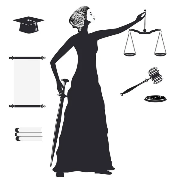 テーマ女神、正義のスケール、剣、学術の帽子、スクロール、裁判官のハンマー-白い背景に隔離された-ベクトル. — ストックベクタ