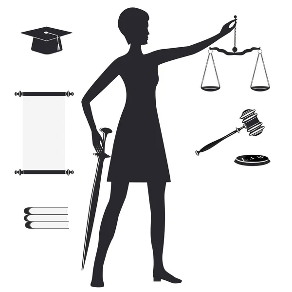裁判官、女性、現代のテーマ-正義の剣とスケールの手の中に、学術的な帽子、スクロール、裁判官のハンマー-白い背景に隔離されたベクトル. — ストックベクタ