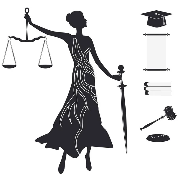 Set di simboli legali - Themis elegante - Scale di giustizia, pergamena, cappello accademico martello del giudice - isolato su sfondo bianco - vettore . — Vettoriale Stock