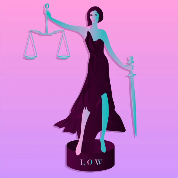 Themis Dea Moderna, elegante, su un piedistallo - Bilance di Giustizia e spada - sfondo viola rosa - vettore . — Vettoriale Stock