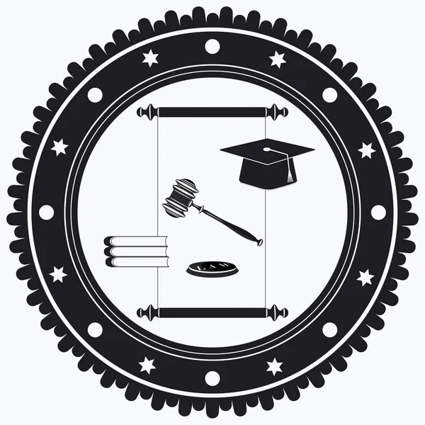 Akademický klobouk, Soudce kladivo a stojan, knihy, svitek - černá a bílá kulatá ikona - izolované na bílém pozadí - vektor. — Stockový vektor