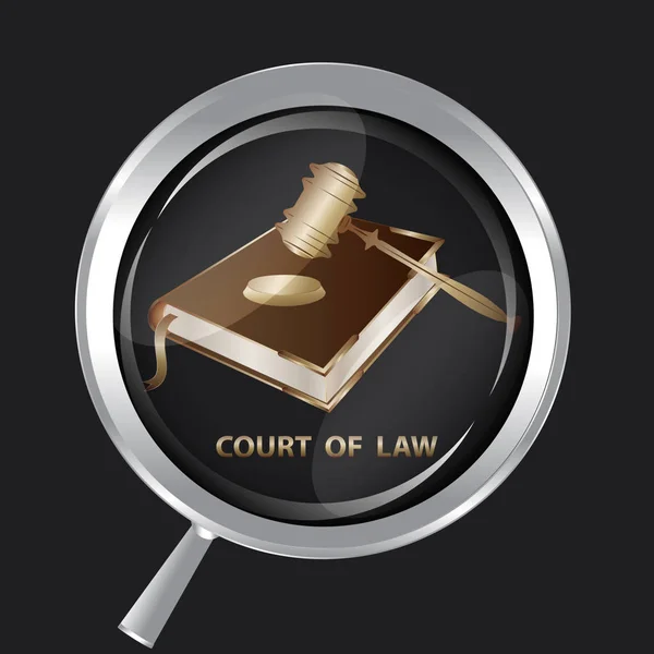 Martello giudiziario con supporto, libro con angoli in metallo, lente d'ingrandimento - fondo nero - vettore. Corte di giustizia — Vettoriale Stock