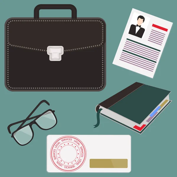 İş çantası, kitap, belge, bir adamın avatarı, gözlük, pul damgalı zarf yasal hizmetler - vektör. Hukuk firmaları için logo, simgeler, afiş. — Stok Vektör