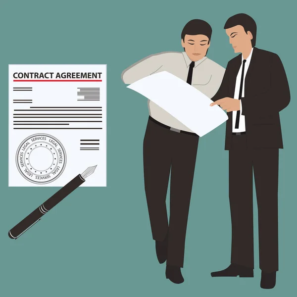 Men, in business attire, consider the Contract Agreement - stamp imprint Legal services - vector. Logo, banner for law firms. — Stock Vector