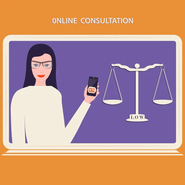 Legal online consultation - computer symbol, scales of justice, woman - orange purple background - vector. — Stock Vector