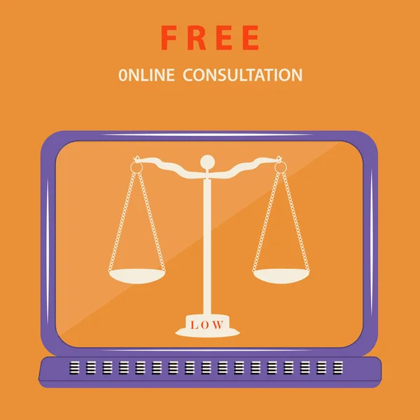 Asesoramiento legal gratuito - escalas de justicia en la pantalla del ordenador - fondo naranja púrpura - vector . — Archivo Imágenes Vectoriales