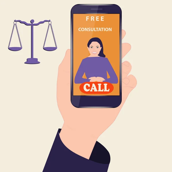 Νομική δωρεάν διαβούλευση - ένα smartphone στο ανδρικό χέρι - στην οθόνη μια γυναίκα δικηγόρος - ένα μωβ-πορτοκαλί φόντο - διάνυσμα. — Διανυσματικό Αρχείο