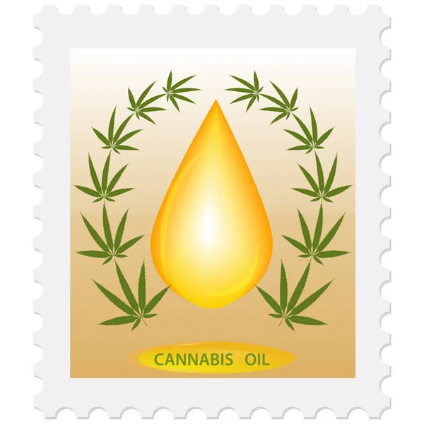 Почтовая марка - Конопляное масло большая желтая капля в рамке листьев - изолированные на белом фоне - вектор — стоковый вектор