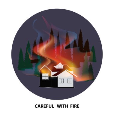 Yanan ev ve orman - yuvarlak ikon - beyaz arka planda izole edilmiş - vektör. Ateşli elementler. Çevre Koruma.