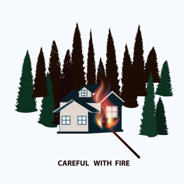 Yanan kibrit, beyaz arka planda izole edilmiş kır evi ve orman gibi gerçekçi yangınlar. Ateşli elementler. Çevre koruma. Ateşle Dikkat