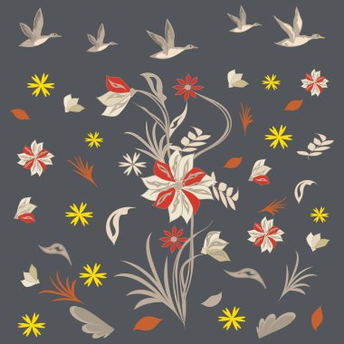 Parlak çiçekler, uçan yaban ördekleri - koyu gri renkli arka plan - vektör. Merhaba, Autumn.