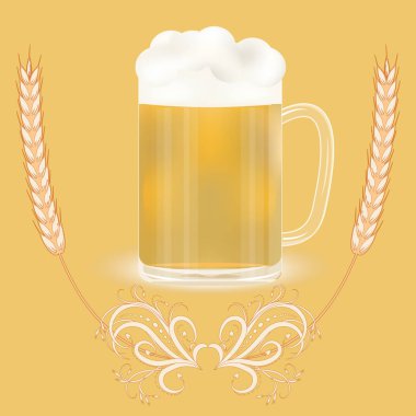 Bir bardak köpüklü bira, buğday kulakları, açılış dekoru - sarı arka plan - vektör. Oktoberfest. Hasat Festivali. Merhaba, Autumn.