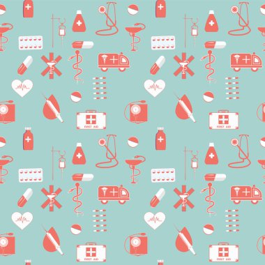 Tıbbi Şablon - Ambulans, damlalık, steteskop, ilk yardım çantası, haplar, kan basıncı monitörü, şırınga, hafif arka plan -.