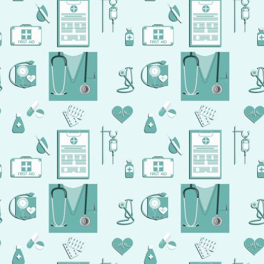 Tıbbi semboller - Kusursuz desenler - özel tıbbi kıyafetler, steteskop, haplar, tansiyon monitörü, şırınga, damla, klipsli karatahta - açık arkaplan - açık arkaplan.