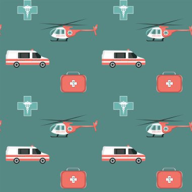 Tıbbi şablon - helikopter, ambulans, ilk yardım çantası, çapraz ve kadife - yeşil arka plan - vektör